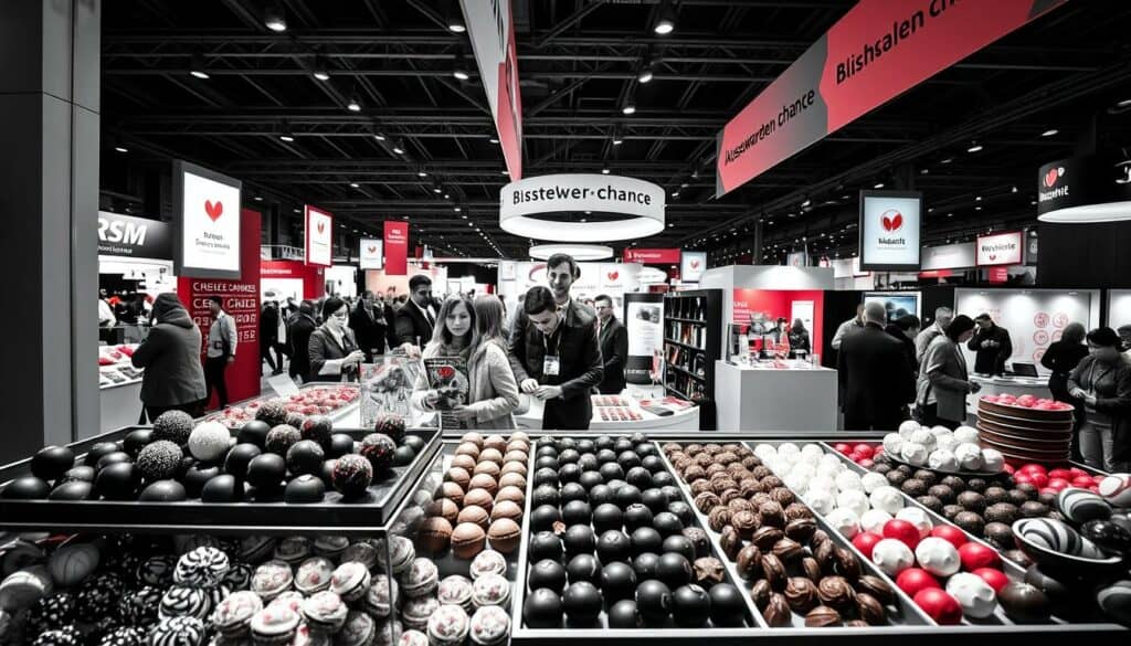 A vibrant exhibition booth at the ISM Süßwarenmesse, showcasing an array of tempting confections. The foreground features an eye-catching display of glistening chocolates, truffles, and candies, artfully arranged to tantalize the senses. In the middle ground, a team of enthusiastic sales representatives engage with potential customers, demonstrating the quality and craftsmanship of the products. The background reveals a bustling trade show floor, with a sea of attendees exploring the diverse offerings of the confectionery industry. The scene is captured in a moody, black-and-white palette, punctuated by strategic pops of color that draw the viewer's attention to the central focal points. The overall atmosphere evokes a sense of opportunity, as the "Aussteller Chance" at the ISM Süßwarenmesse 2026 beckons the viewer to discover the delights of the confectionery world. A vibrant exhibition booth at the ISM Süßwarenmesse, showcasing an array of tempting confections. The foreground features an eye-catching display of glistening chocolates, truffles, and candies, artfully arranged to tantalize the senses. In the middle ground, a team of enthusiastic sales representatives engage with potential customers, demonstrating the quality and craftsmanship of the products. The background reveals a bustling trade show floor, with a sea of attendees exploring the diverse offerings of the confectionery industry. The scene is captured in a moody, black-and-white palette, punctuated by strategic pops of color that draw the viewer's attention to the central focal points. The overall atmosphere evokes a sense of opportunity, as the "Aussteller Chance" at the ISM Süßwarenmesse 2026 beckons the viewer to discover the delights of the confectionery world.