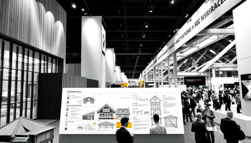 A vibrant exhibition showcasing the latest innovations in roofing and timber construction. Prominently featured are sleek modern facades, intricate wooden structures, and cutting-edge building materials. Dramatic lighting casts dramatic shadows, highlighting the interplay of light and texture. In the foreground, a meticulously rendered display of architectural details and technical specifications, rendered in crisp black-and-white with splashes of color accentuating key elements. The background depicts a bustling trade show floor, filled with industry professionals engaged in animated discussion. An atmosphere of innovation and progress pervades the scene, capturing the essence of the "Programmhighlights DACH+HOLZ International" event.