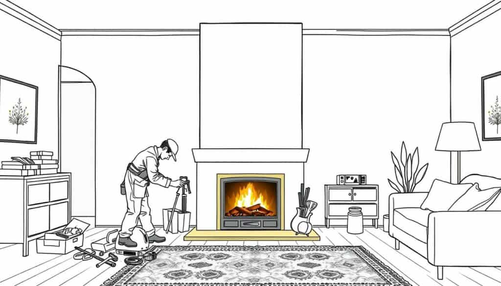 A well-crafted, elegantly illustrated image showcasing the comprehensive "Kamin Service Komplettlösung" offering. The scene depicts a warm, inviting living room with a central fireplace as the focal point. In the foreground, a skilled technician meticulously inspects the fireplace, surrounded by an array of tools and equipment. The middle ground features a smooth blend of architectural elements, highlighting the attention to detail and craftsmanship. The background subtly suggests a cozy, comfortable ambiance, with soft lighting and muted tones creating a sense of tranquility. The image is rendered in a distinctive black and white palette, punctuated by strategic pops of color, such as the warm glow of the fireplace or the subtle shades of a decorative rug. The overall composition conveys a harmonious balance between functionality and aesthetic appeal, reflecting the expertise and care that goes into the "Kamin Service Komplettlösung" experience. A well-crafted, elegantly illustrated image showcasing the comprehensive "Kamin Service Komplettlösung" offering. The scene depicts a warm, inviting living room with a central fireplace as the focal point. In the foreground, a skilled technician meticulously inspects the fireplace, surrounded by an array of tools and equipment. The middle ground features a smooth blend of architectural elements, highlighting the attention to detail and craftsmanship. The background subtly suggests a cozy, comfortable ambiance, with soft lighting and muted tones creating a sense of tranquility. The image is rendered in a distinctive black and white palette, punctuated by strategic pops of color, such as the warm glow of the fireplace or the subtle shades of a decorative rug. The overall composition conveys a harmonious balance between functionality and aesthetic appeal, reflecting the expertise and care that goes into the "Kamin Service Komplettlösung" experience.