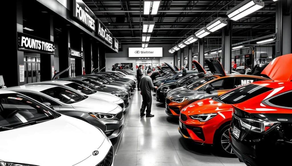 A well-equipped auto repair shop, its facade adorned with sleek signage and warm lighting. Vehicles line the neatly organized bays, their bodies gleaming with fresh coats of paint in vibrant hues. Mechanics clad in coveralls expertly tend to the cars, their tools and equipment arranged with precision. In the background, the workshop hums with the rhythmic sounds of machinery, creating an atmosphere of industrious productivity. The scene is rendered in a striking black and white palette, with strategic pops of color highlighting key elements such as the repair tools, the paint samples, and the signage. The overall composition conveys a sense of professionalism, efficiency, and attention to detail - a one-stop-shop for all automotive needs.