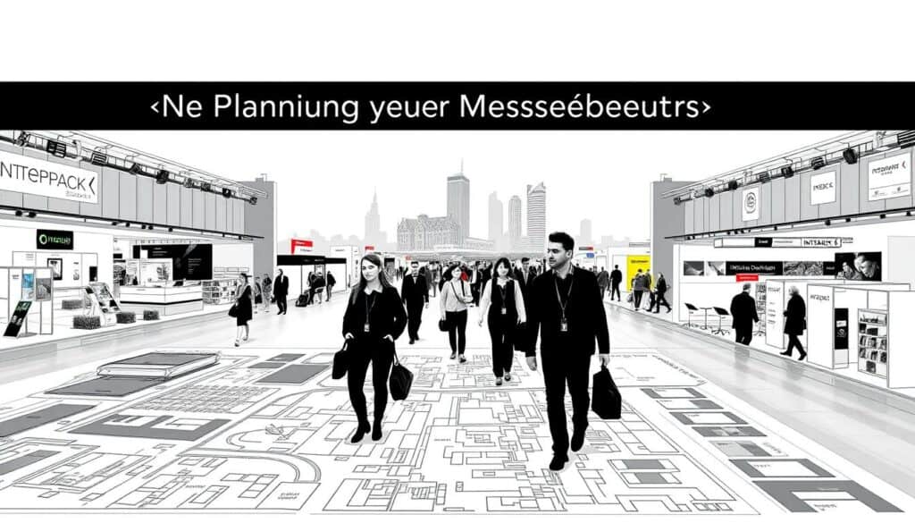 A well-organized trade fair visit to Interpack Düsseldorf 2026, rendered in a sleek black and white palette with selective pops of color. A detailed floor plan of the exhibition center occupies the foreground, guiding the viewer through the various halls and pavilions. In the middle ground, a group of attendees navigate the bustling aisles, their faces and gestures conveying a sense of purposeful exploration. The background showcases the iconic Düsseldorf skyline, framed by the clean lines of the modern exhibition architecture. Subtle splashes of vibrant hues accentuate key wayfinding elements, drawing the eye toward critical information. The overall scene projects an atmosphere of meticulous planning, efficiency, and a touch of creative flair - the perfect visual representation of "Planung Ihres Messebesuchs". A well-organized trade fair visit to Interpack Düsseldorf 2026, rendered in a sleek black and white palette with selective pops of color. A detailed floor plan of the exhibition center occupies the foreground, guiding the viewer through the various halls and pavilions. In the middle ground, a group of attendees navigate the bustling aisles, their faces and gestures conveying a sense of purposeful exploration. The background showcases the iconic Düsseldorf skyline, framed by the clean lines of the modern exhibition architecture. Subtle splashes of vibrant hues accentuate key wayfinding elements, drawing the eye toward critical information. The overall scene projects an atmosphere of meticulous planning, efficiency, and a touch of creative flair - the perfect visual representation of "Planung Ihres Messebesuchs".