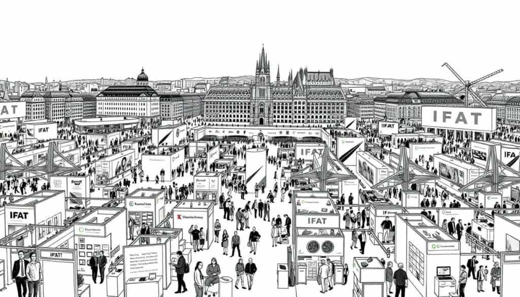 An intricate black and white illustration of the IFAT Munich exhibition, capturing the bustling energy and diverse program offerings. In the foreground, an array of exhibitor booths and demonstrations come to life, each with subtle pops of color to draw the eye. The middle ground showcases a panoramic view of the exhibition halls, filled with attendees engaged in lively discussions and exploring the latest environmental technologies. In the background, the iconic Munich cityscape provides a striking architectural backdrop, hinting at the global reach of this renowned trade fair. The scene is rendered in a precise, technical style, with a focus on clean lines, dynamic compositions, and a sense of meticulous attention to detail. An intricate black and white illustration of the IFAT Munich exhibition, capturing the bustling energy and diverse program offerings. In the foreground, an array of exhibitor booths and demonstrations come to life, each with subtle pops of color to draw the eye. The middle ground showcases a panoramic view of the exhibition halls, filled with attendees engaged in lively discussions and exploring the latest environmental technologies. In the background, the iconic Munich cityscape provides a striking architectural backdrop, hinting at the global reach of this renowned trade fair. The scene is rendered in a precise, technical style, with a focus on clean lines, dynamic compositions, and a sense of meticulous attention to detail.