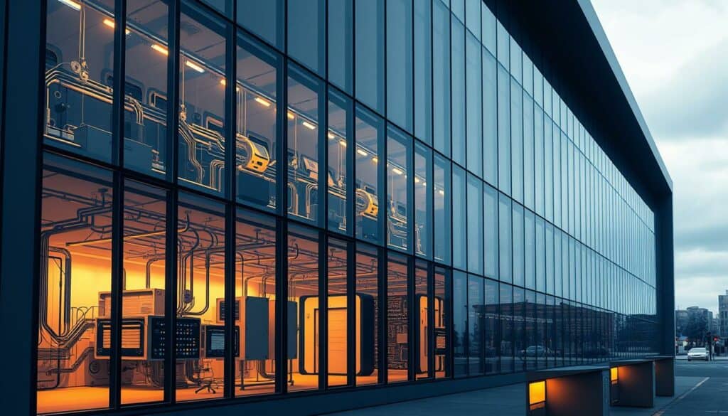Detailed architectural rendering of an intelligent building automation system in Frankfurt, Germany. Sleek, minimalist facade with clean lines and large glass panels. Intricate network of sensors, wiring, and control panels visible in the foreground, hinting at the building's advanced technology. Warm lighting illuminates the interior, casting a soft glow on the exterior. The scene is captured in a moody, black and white palette with strategic pops of color highlighting key features and components. Conveys a sense of innovation, efficiency, and the future of sustainable building design. Detailed architectural rendering of an intelligent building automation system in Frankfurt, Germany. Sleek, minimalist facade with clean lines and large glass panels. Intricate network of sensors, wiring, and control panels visible in the foreground, hinting at the building's advanced technology. Warm lighting illuminates the interior, casting a soft glow on the exterior. The scene is captured in a moody, black and white palette with strategic pops of color highlighting key features and components. Conveys a sense of innovation, efficiency, and the future of sustainable building design.