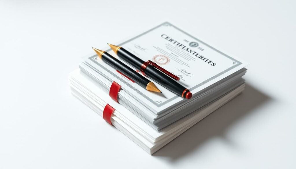 Detailed certification documents in a clean, minimalist design. A stack of diplomas, certificates, and seals arranged neatly on a plain background. Soft, directional lighting casts subtle shadows, emphasizing the textures of the paper. The documents convey a sense of professionalism and expertise, with carefully chosen pops of color to highlight key information. The overall composition is balanced and visually appealing, drawing the viewer's attention to the qualifications and certifications at the heart of the image. Detailed certification documents in a clean, minimalist design. A stack of diplomas, certificates, and seals arranged neatly on a plain background. Soft, directional lighting casts subtle shadows, emphasizing the textures of the paper. The documents convey a sense of professionalism and expertise, with carefully chosen pops of color to highlight key information. The overall composition is balanced and visually appealing, drawing the viewer's attention to the qualifications and certifications at the heart of the image.