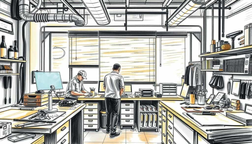 Elegant rollerblind service, showcasing its benefits in a charcoal sketch with color highlights. A sleek, modern workspace with well-organized tools and efficient technicians, conveying professionalism and attention to detail. Warm lighting illuminates the scene, creating a calming atmosphere. Subtle splashes of color accentuate key elements, drawing the viewer's eye to the core services offered. An inviting, problem-solving environment that instills confidence in the rollerblind repair process. Elegant rollerblind service, showcasing its benefits in a charcoal sketch with color highlights. A sleek, modern workspace with well-organized tools and efficient technicians, conveying professionalism and attention to detail. Warm lighting illuminates the scene, creating a calming atmosphere. Subtle splashes of color accentuate key elements, drawing the viewer's eye to the core services offered. An inviting, problem-solving environment that instills confidence in the rollerblind repair process.