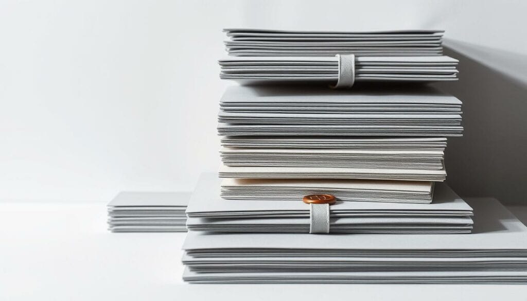 Elegant stacks of premium paper stock in varying shades of grey, meticulously arranged against a minimalist backdrop. Soft shadows cast by the carefully positioned light sources accentuate the smooth, tactile surfaces. Subtle pops of color, perhaps a single ribbon or wax seal, add a refined, luxurious touch. The scene conveys a sense of sophistication and attention to detail, perfectly suited to showcase high-quality materials for bespoke invitation cards. Elegant stacks of premium paper stock in varying shades of grey, meticulously arranged against a minimalist backdrop. Soft shadows cast by the carefully positioned light sources accentuate the smooth, tactile surfaces. Subtle pops of color, perhaps a single ribbon or wax seal, add a refined, luxurious touch. The scene conveys a sense of sophistication and attention to detail, perfectly suited to showcase high-quality materials for bespoke invitation cards.