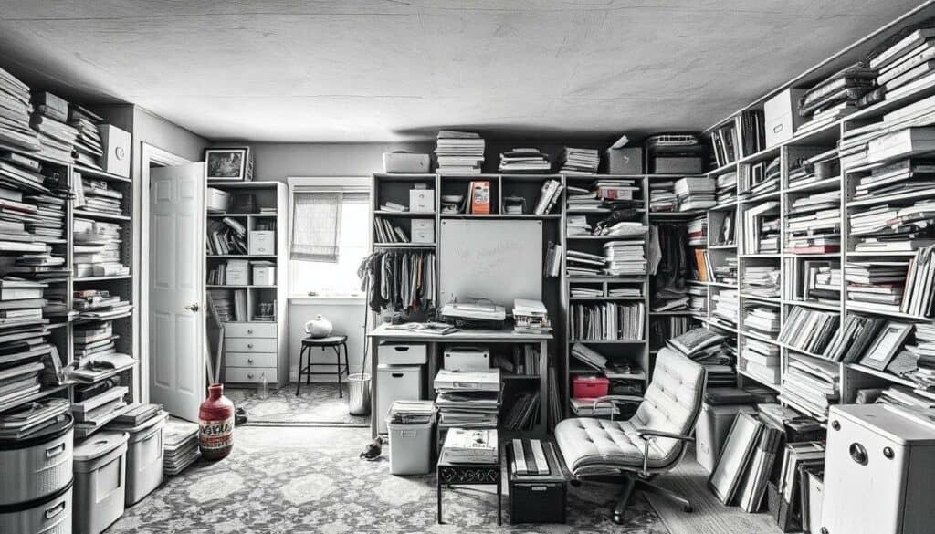 Expansive decluttering services, a meticulously orchestrated choreography of order restored. Overflowing attics and cluttered basements transformed into tranquil sanctuaries, meticulously organized and streamlined. Deftly navigating the labyrinth of forgotten possessions, the skilled declutterer applies a discerning eye, carefully separating the essential from the superfluous. Graphite-hued vignettes punctuated by vibrant splashes of color, capturing the essence of a comprehensive decluttering journey - from chaos to clarity, from burden to liberation. Precise compositions highlight the process, with a focus on the transformative power of skilled, comprehensive decluttering services.