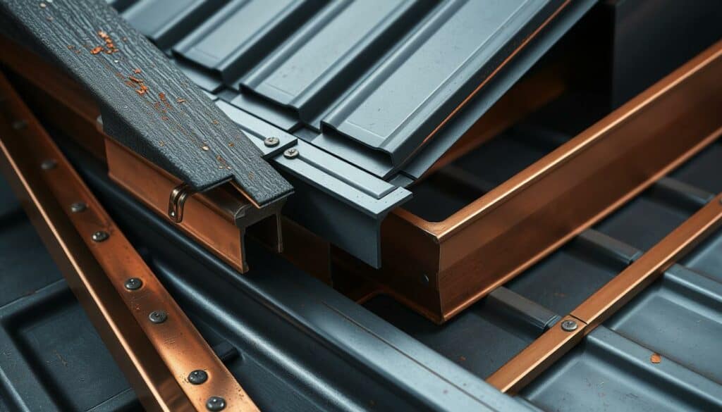 Intricate metal roofing materials, expertly crafted with precision. Gleaming copper gutters, sleek aluminum flashings, and sturdy steel panels in muted grays and blacks. Detailed textures and refined edges, captured in a moody chiaroscuro lighting, highlighting the craftsmanship. Carefully arranged in a visually compelling composition, showcasing the high-quality tools and techniques of the skilled roofer's trade. Pops of color accent the scene, drawing the eye to the essential elements - the essential materials for flawless, long-lasting roofing solutions. Intricate metal roofing materials, expertly crafted with precision. Gleaming copper gutters, sleek aluminum flashings, and sturdy steel panels in muted grays and blacks. Detailed textures and refined edges, captured in a moody chiaroscuro lighting, highlighting the craftsmanship. Carefully arranged in a visually compelling composition, showcasing the high-quality tools and techniques of the skilled roofer's trade. Pops of color accent the scene, drawing the eye to the essential elements - the essential materials for flawless, long-lasting roofing solutions.