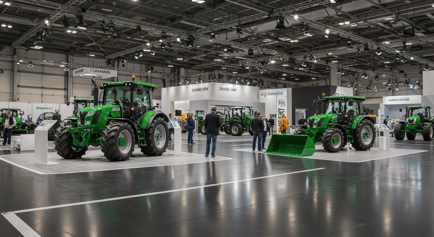 Innenansicht der Agritechnica 2025 in Hannover: Elektrotraktor, Methan-Traktor, Feldroboter, Drohnen und Präzisionsspritze vor Besucher:innen unter LED-Bühnenlicht.