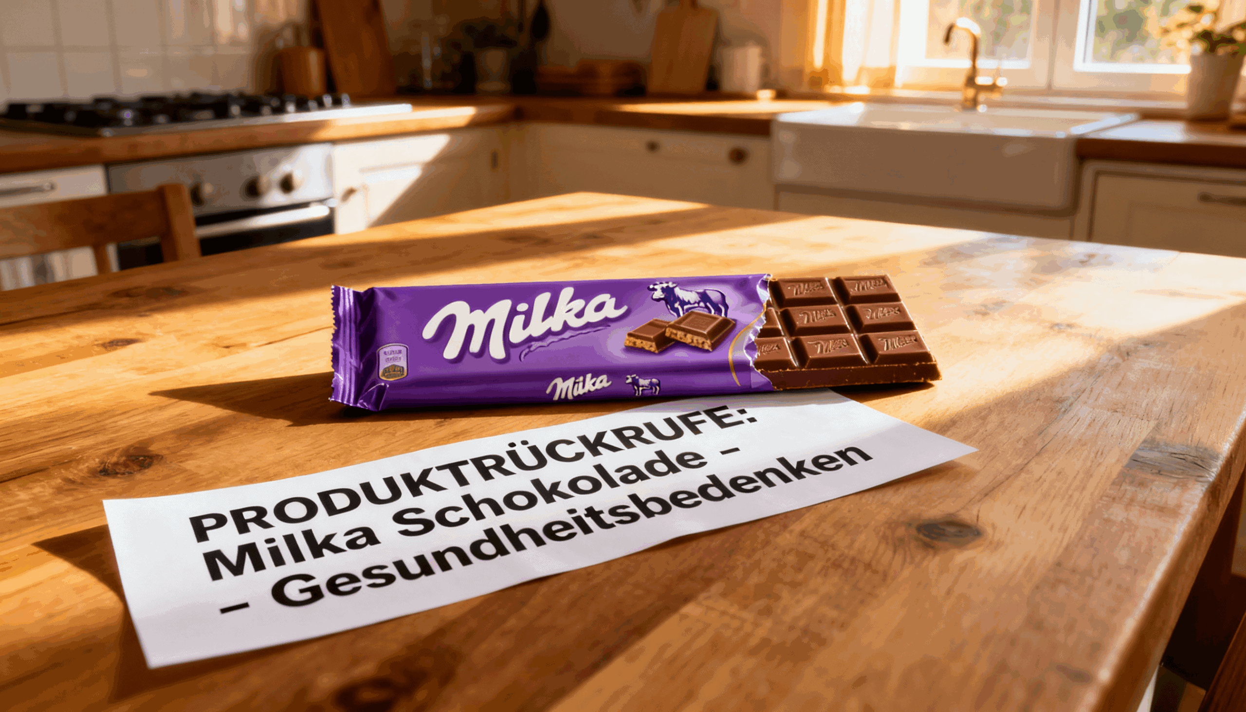 Milka-ähnliche lila Schokoladentafel auf Holztisch neben deutschem Rückrufschreiben zur Produktsicherheit.