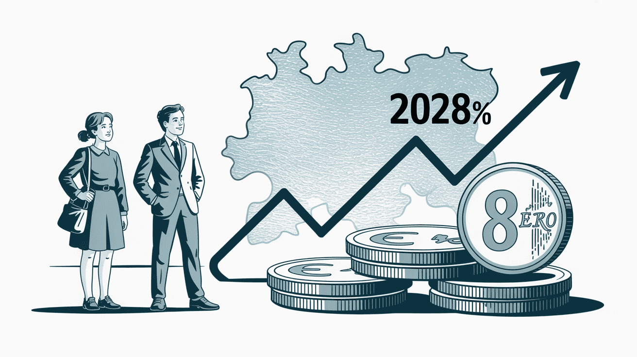Infografik zum Rentenbeitrag 2028: Beitragssatz steigt von 18,6 % auf ca. 19,8 %; Beispiel 3.000 € brutto → +18 € Arbeitnehmeranteil.