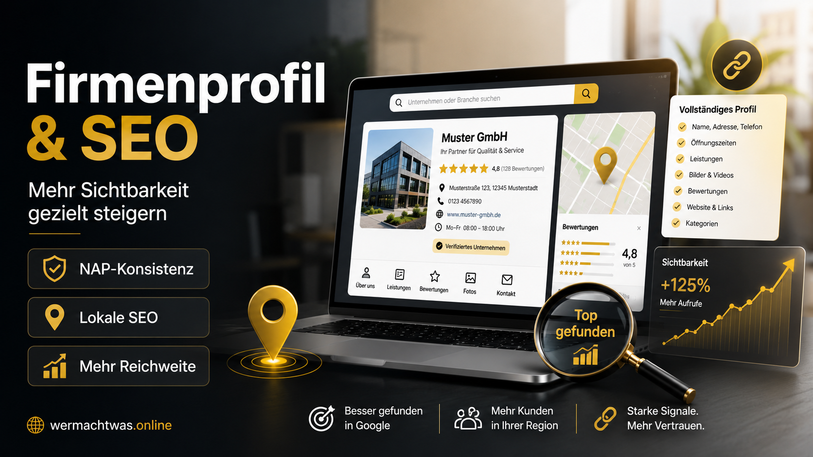 Firmenprofil bei Wer macht was mit SEO-Optimierung, lokaler Sichtbarkeit, Bewertungen und NAP-Konsistenz