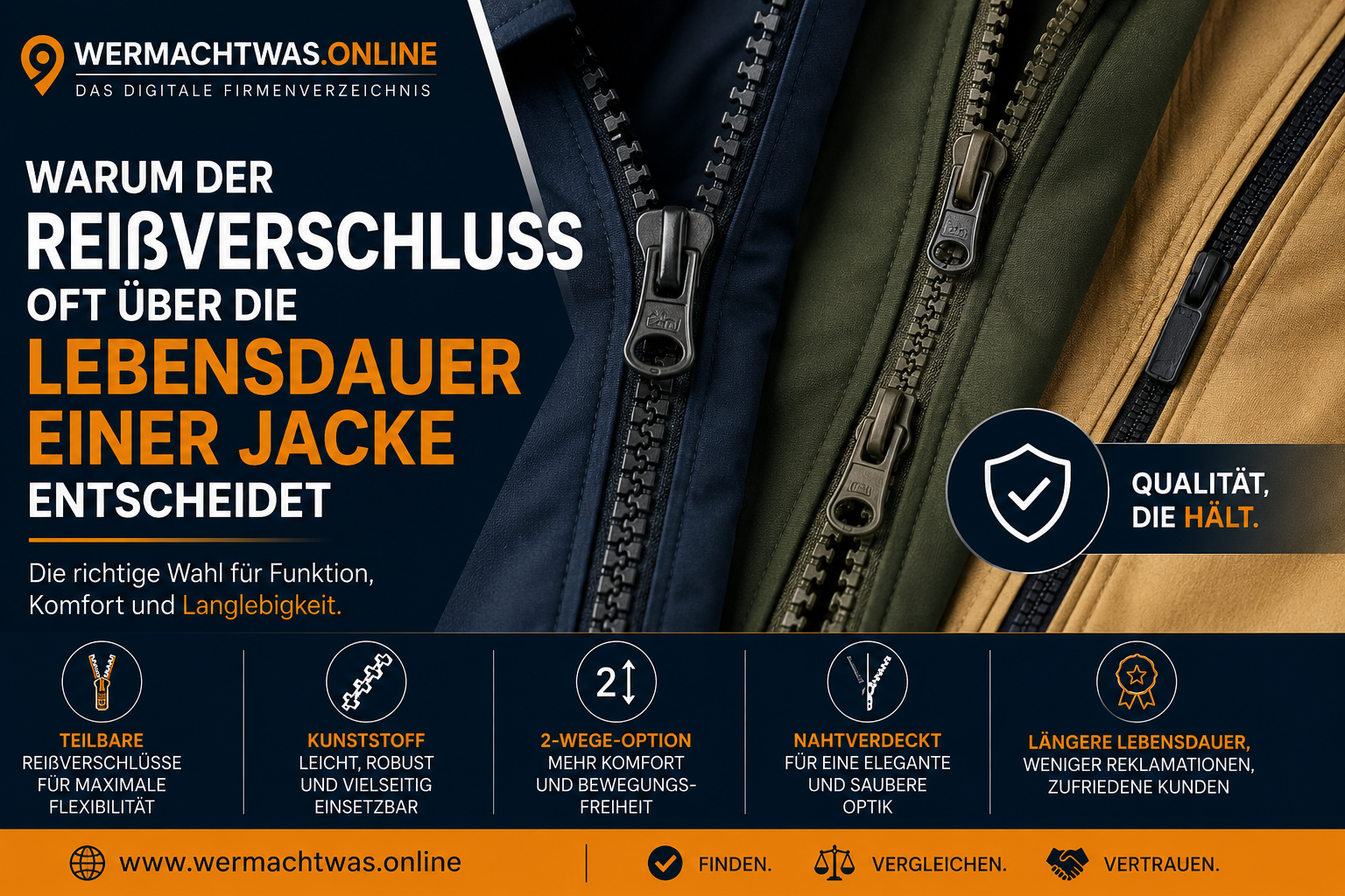 Titelbild mit mehreren Jacken-Reißverschlüssen als Symbol für Qualität, Haltbarkeit und längere Lebensdauer von Kleidung.