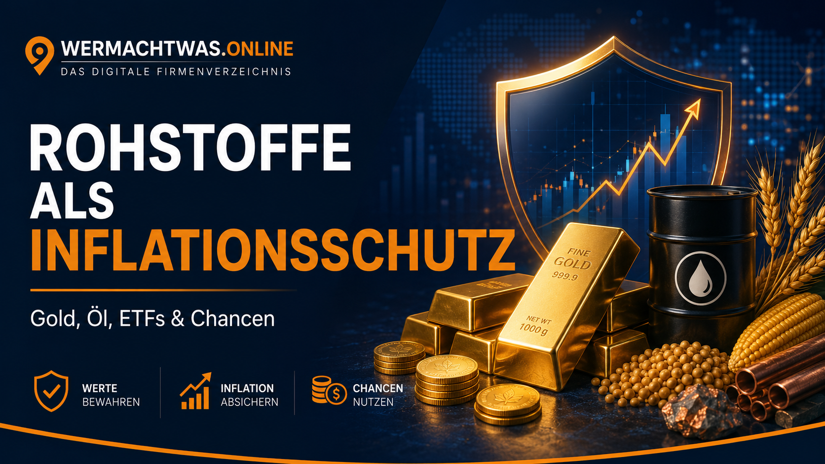 Titelbild zu Rohstoffen als Inflationsschutz mit Goldbarren, Öl, Agrarrohstoffen, Schutzschild und steigender Finanzkurve.