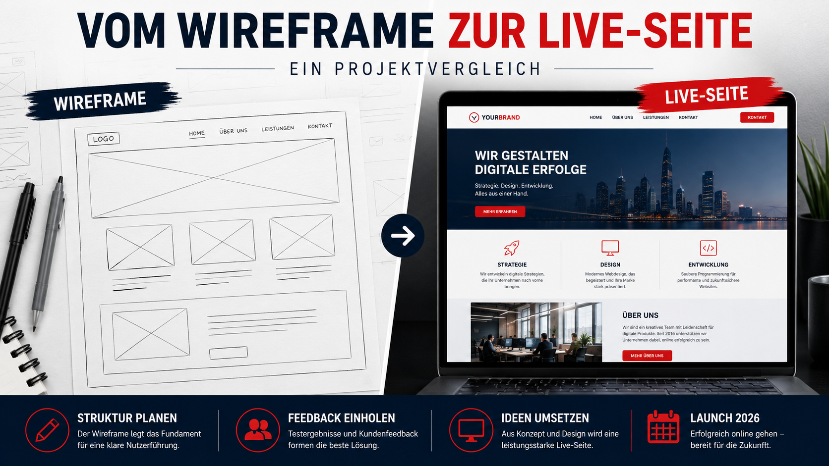 Projektvergleich vom Wireframe zur fertigen Live-Seite im modernen Webdesign
