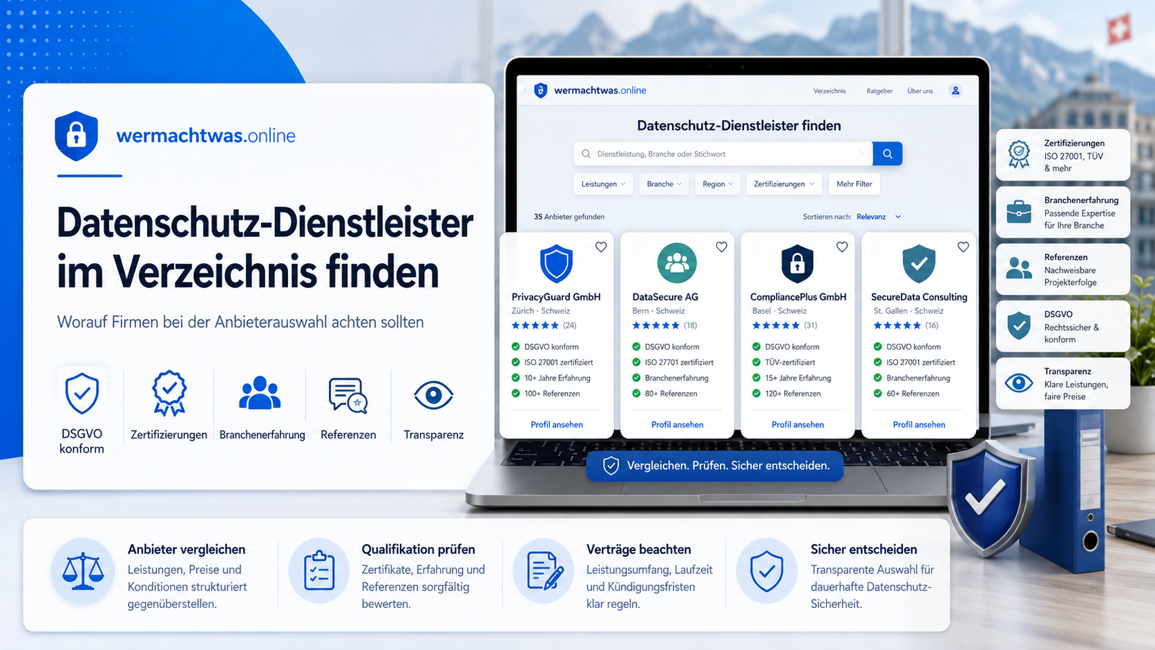 Datenschutz-Dienstleister im Verzeichnis finden und Anbieter nach Zertifizierungen, DSGVO-Konformität, Referenzen und Branchenerfahrung vergleichen