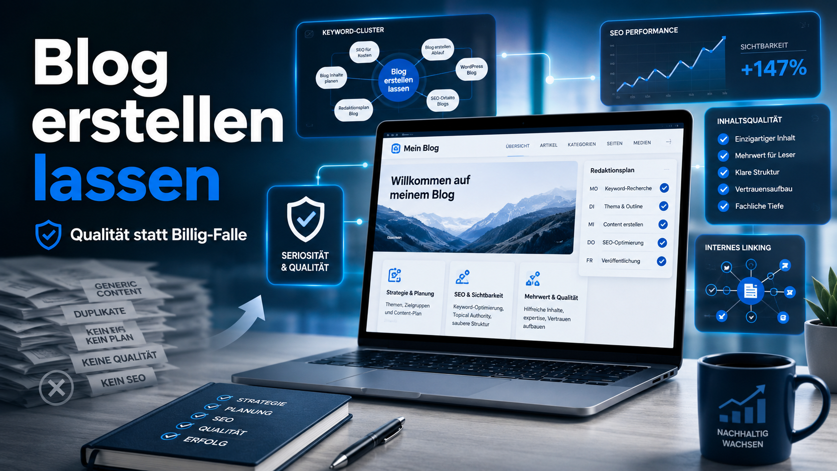 Blog erstellen lassen mit professioneller Redaktionsplanung, SEO-Strategie, Keyword-Clustern und interner Verlinkung