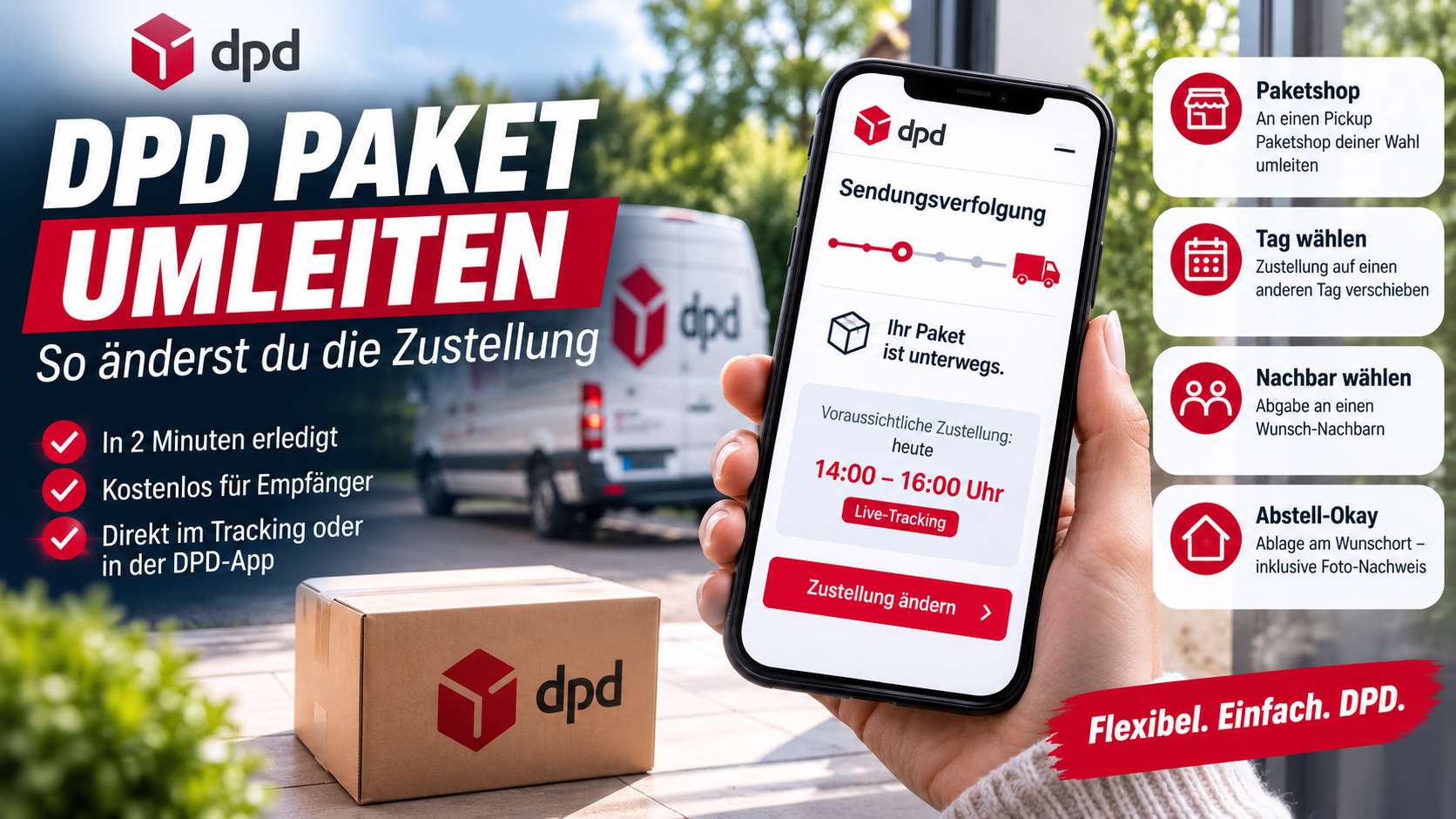 DPD Paket umleiten per Smartphone – Paketshop, Nachbar, Wunschtag oder Abstell-Okay auswählen