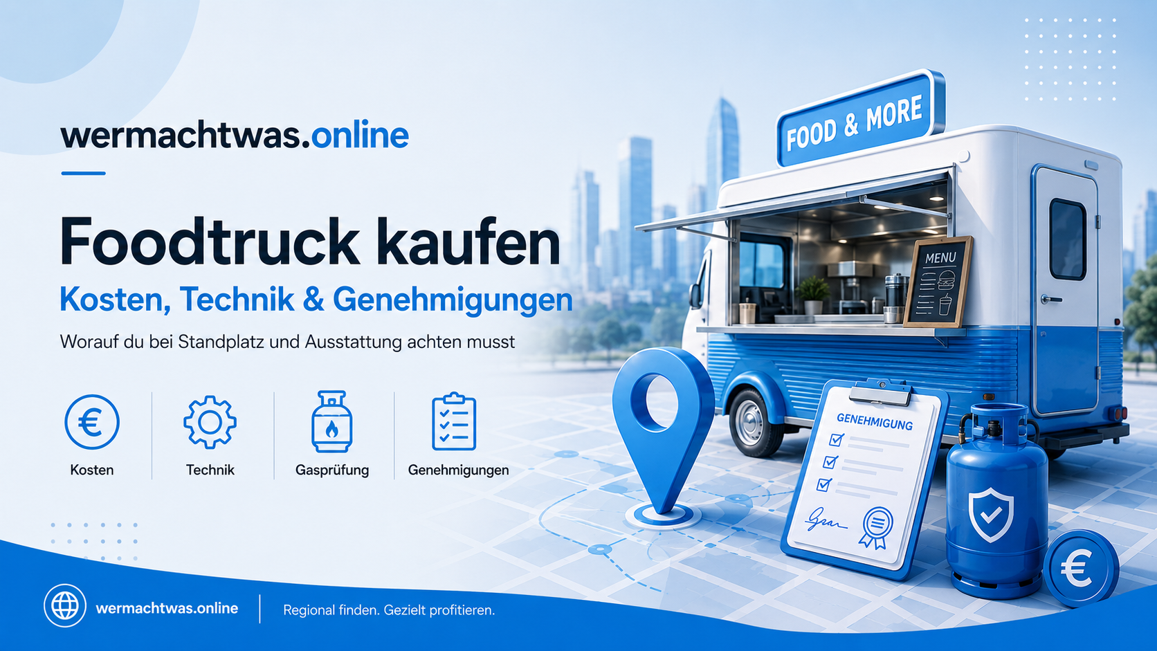 Foodtruck kaufen – modernes Titelbild mit Foodtruck, Standort-Pin, Genehmigung und Gastechnik im azurblauen wermachtwas.online Design