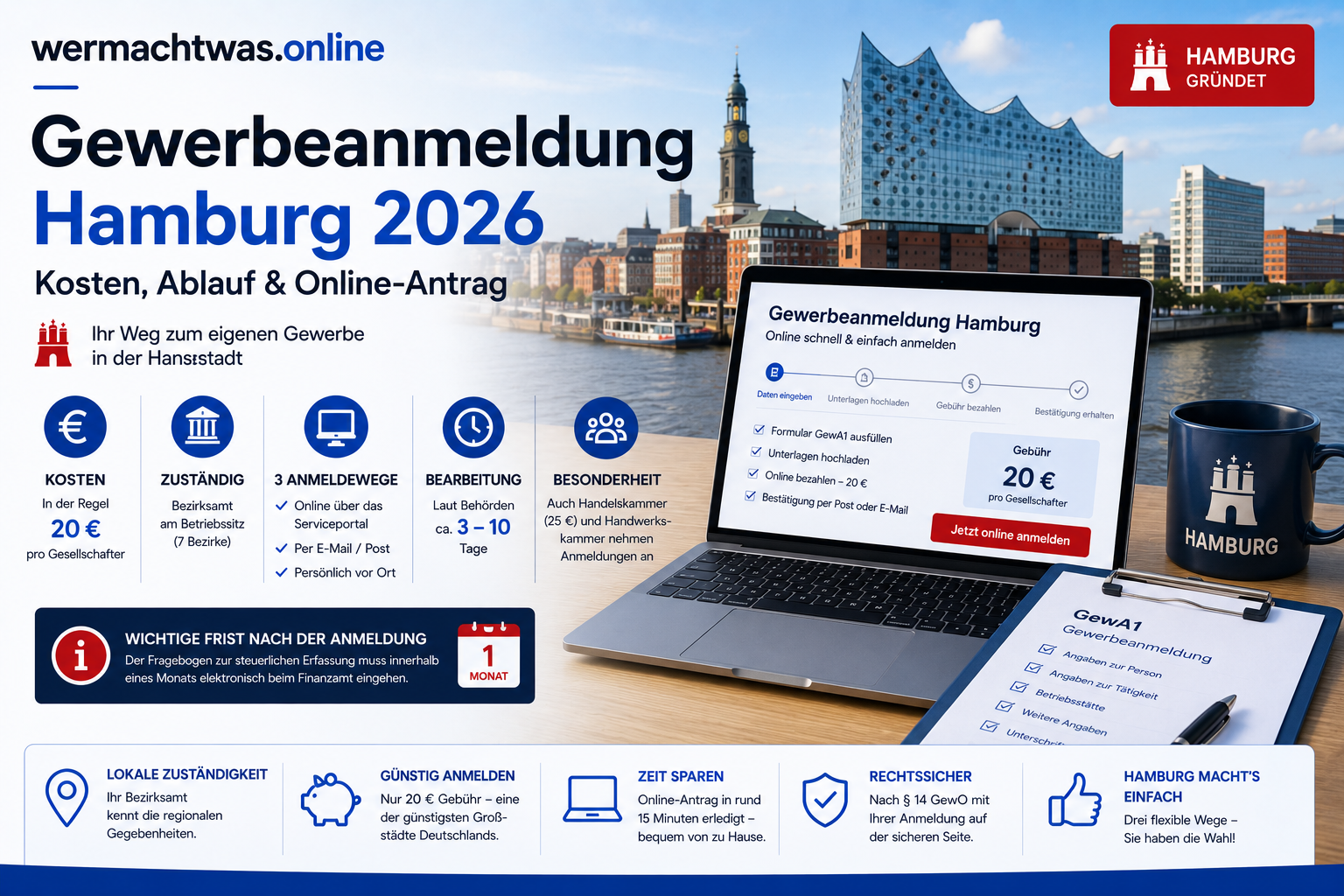 Titelbild zur Gewerbeanmeldung Hamburg mit Online-Antrag, Kosten von 20 Euro, Bezirksamt, Handelskammer und Hamburger Skyline