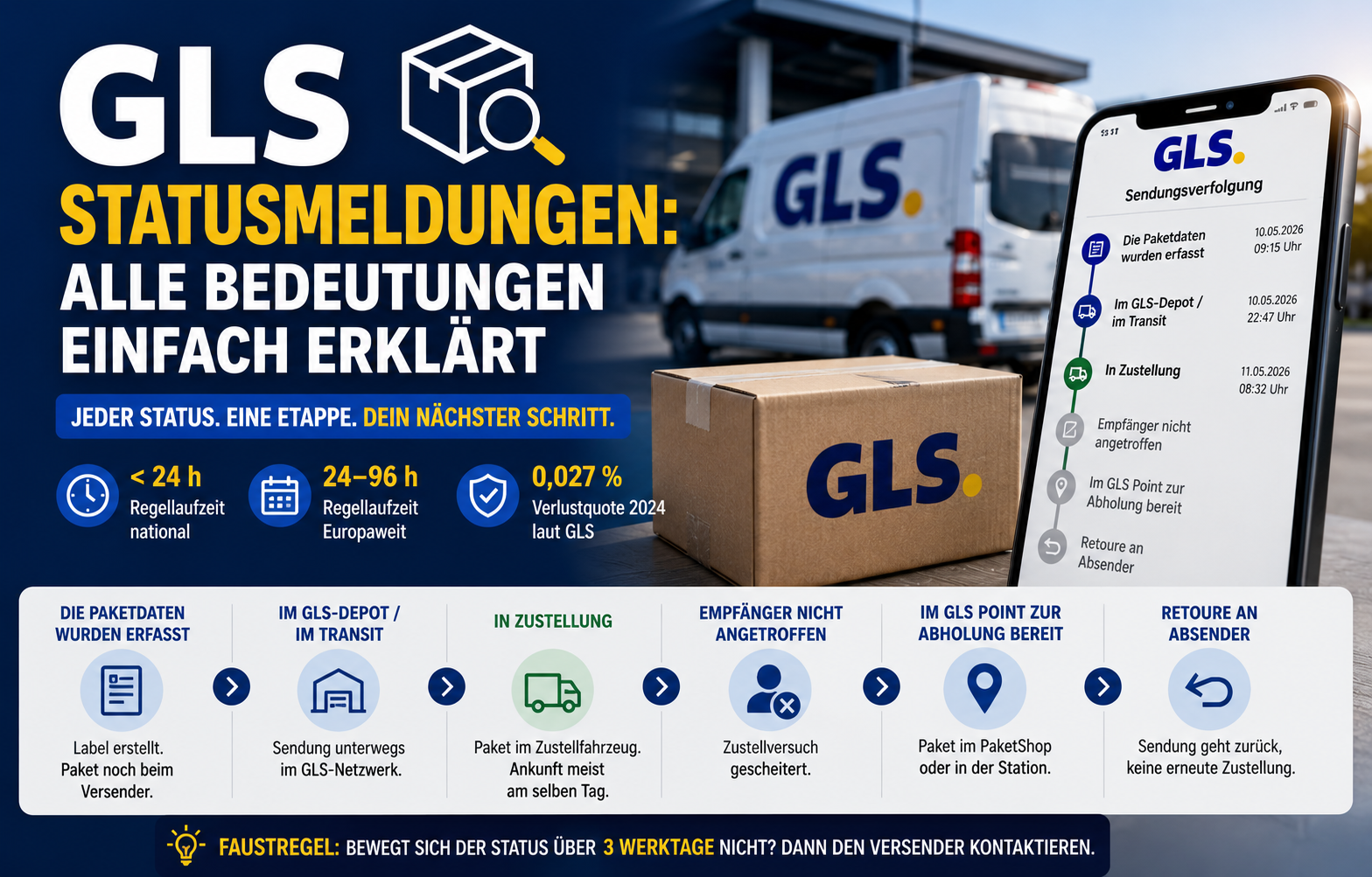 GLS Statusmeldungen im Tracking – Paketdaten erfasst, im Transit, in Zustellung und Retoure erklärt