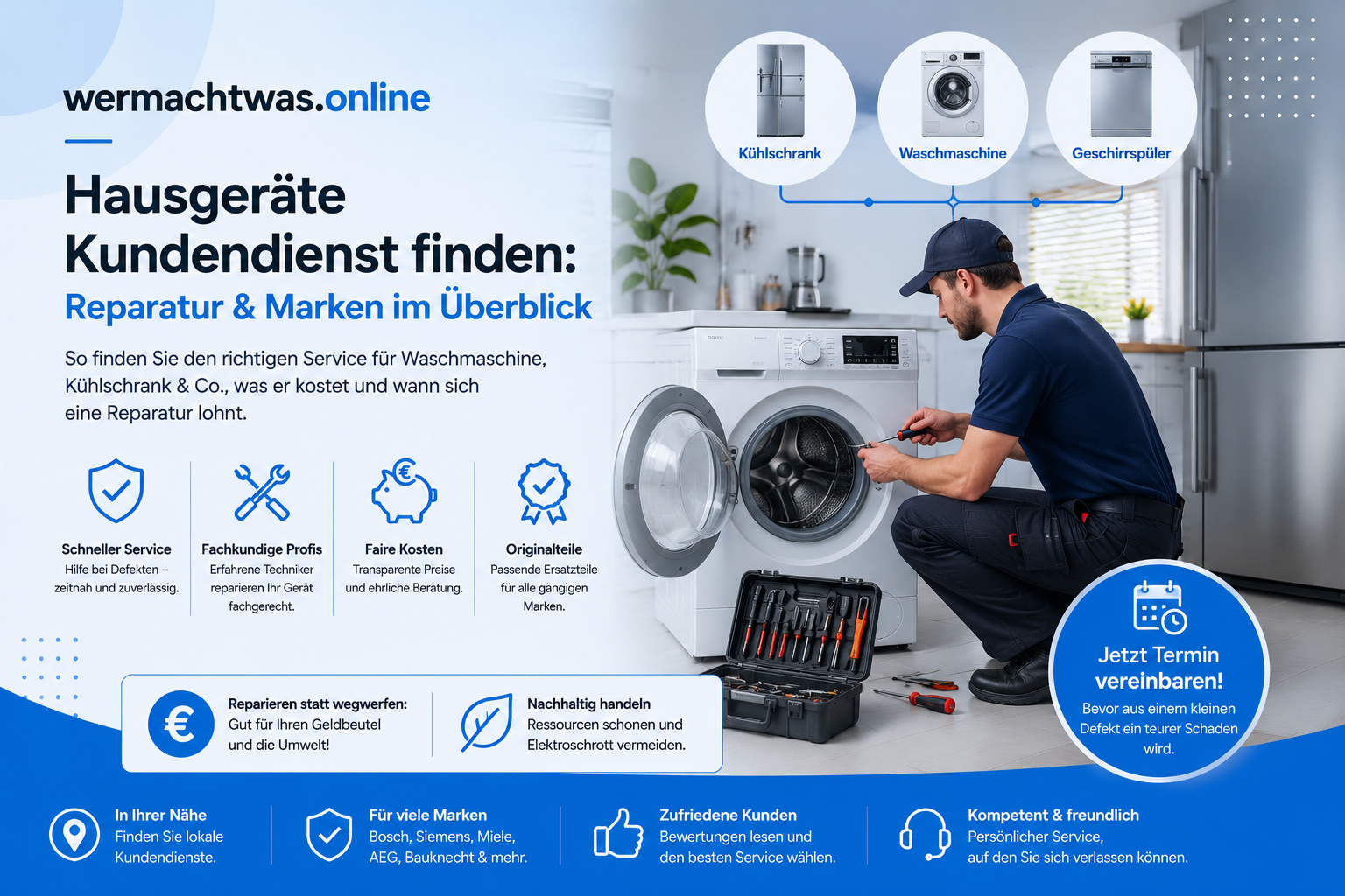 Hausgeräte Kundendienst – Techniker repariert Waschmaschine, daneben Kühlschrank und Geschirrspüler im azurblauen wermachtwas.online Design