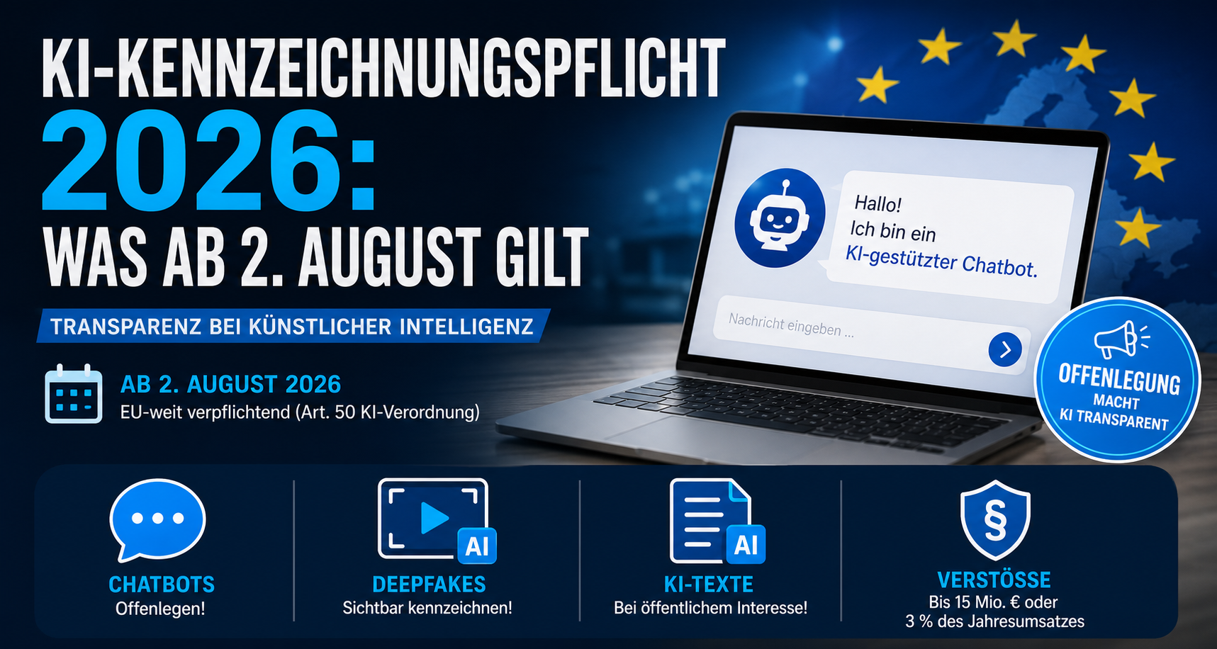 KI-Kennzeichnungspflicht 2026 mit Chatbot, Deepfake, KI-Texten und Stichtag 2. August