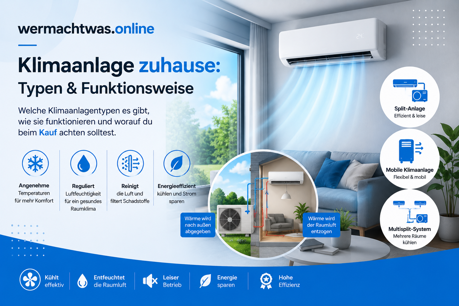 Klimaanlage zuhause – modernes Titelbild mit Split-Klimaanlage, kühlem Wohnzimmer und Klimaanlagen-Typen im azurblauen wermachtwas.online Design