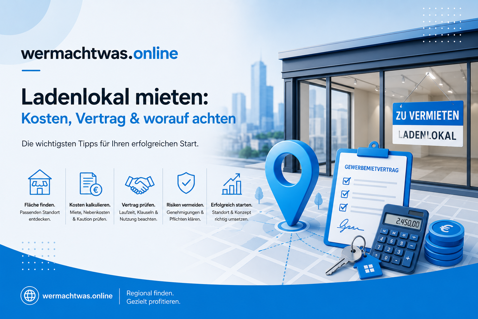 Ladenlokal mieten – modernes Titelbild mit Schaufenster, Mietvertrag, Standort-Pin und Kosten im azurblauen wermachtwas.online Design