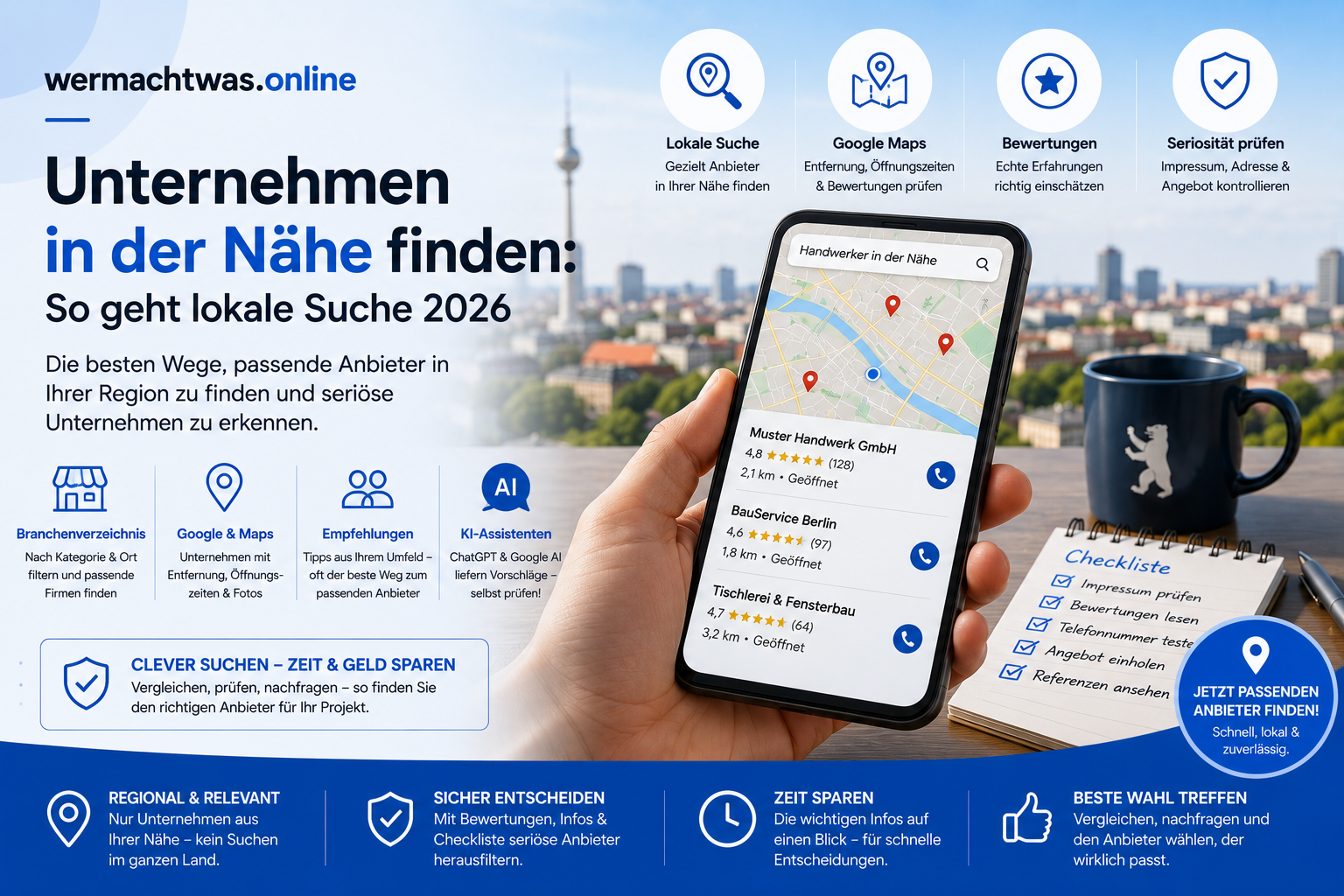 Titelbild zum Thema Unternehmen in der Nähe finden mit Smartphone-Karte, lokalen Suchergebnissen, Bewertungen und Anbieter-Check