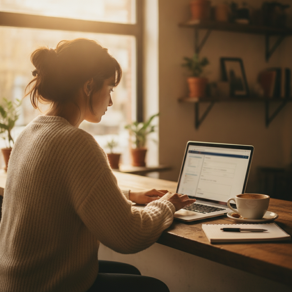 Unternehmerin legt am Laptop einen kostenlosen Firmeneintrag im Branchenverzeichnis an