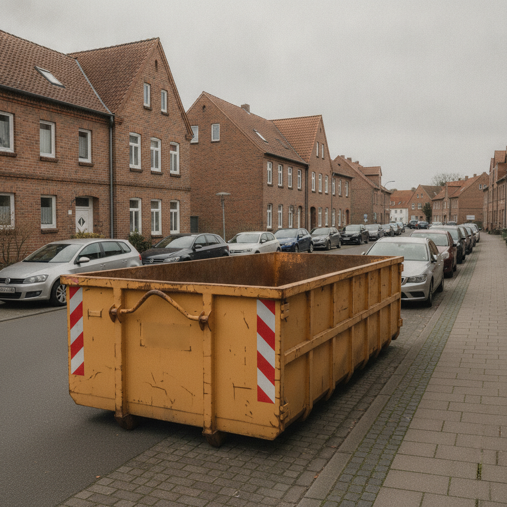 Container aufstellen auf öffentlichem Grund: Mulde mit rot-weißer Warnmarkierung am Straßenrand