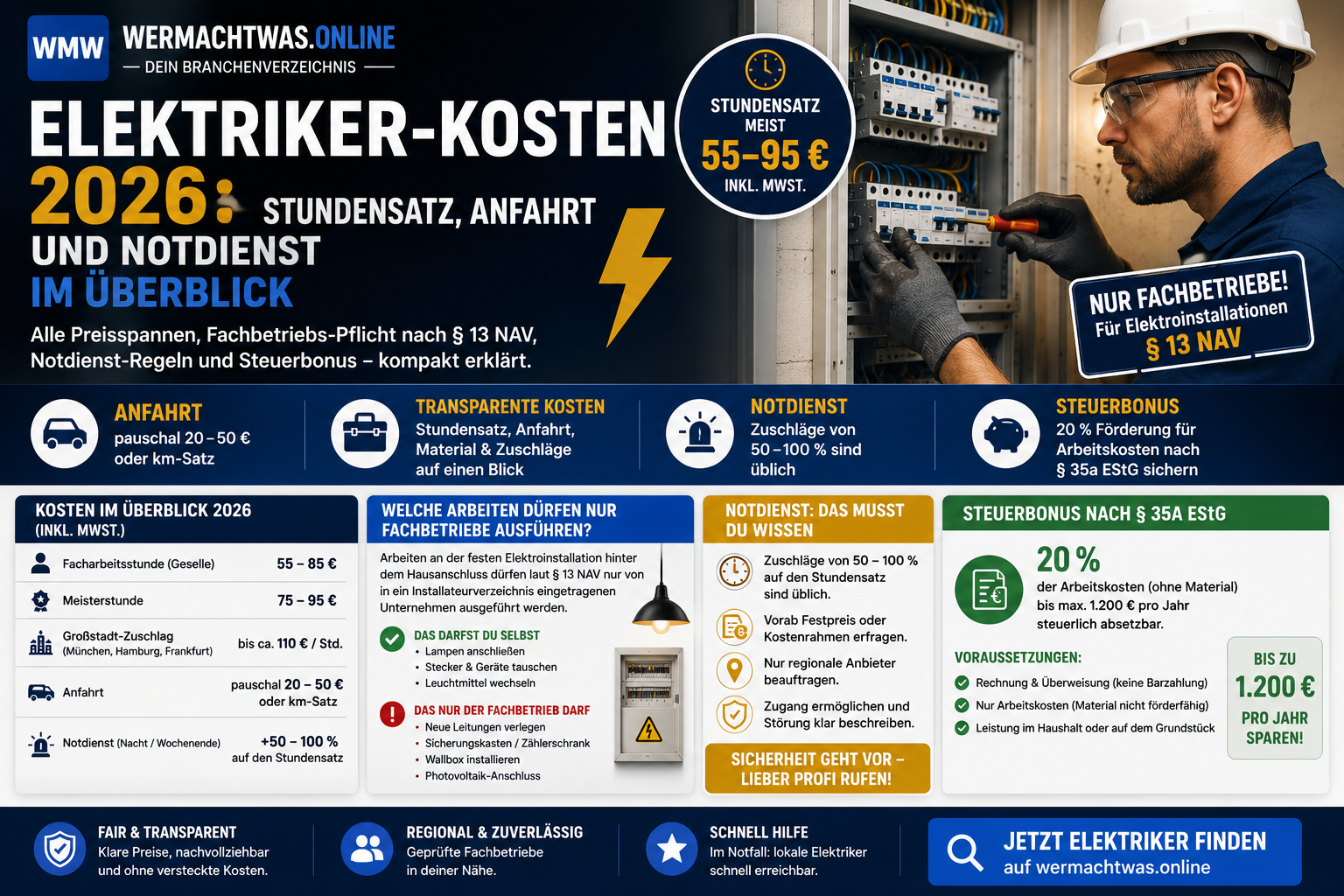 Elektriker Kosten 2026 mit Elektriker am Sicherungskasten sowie Stundensatz, Anfahrt und Notdienstkosten