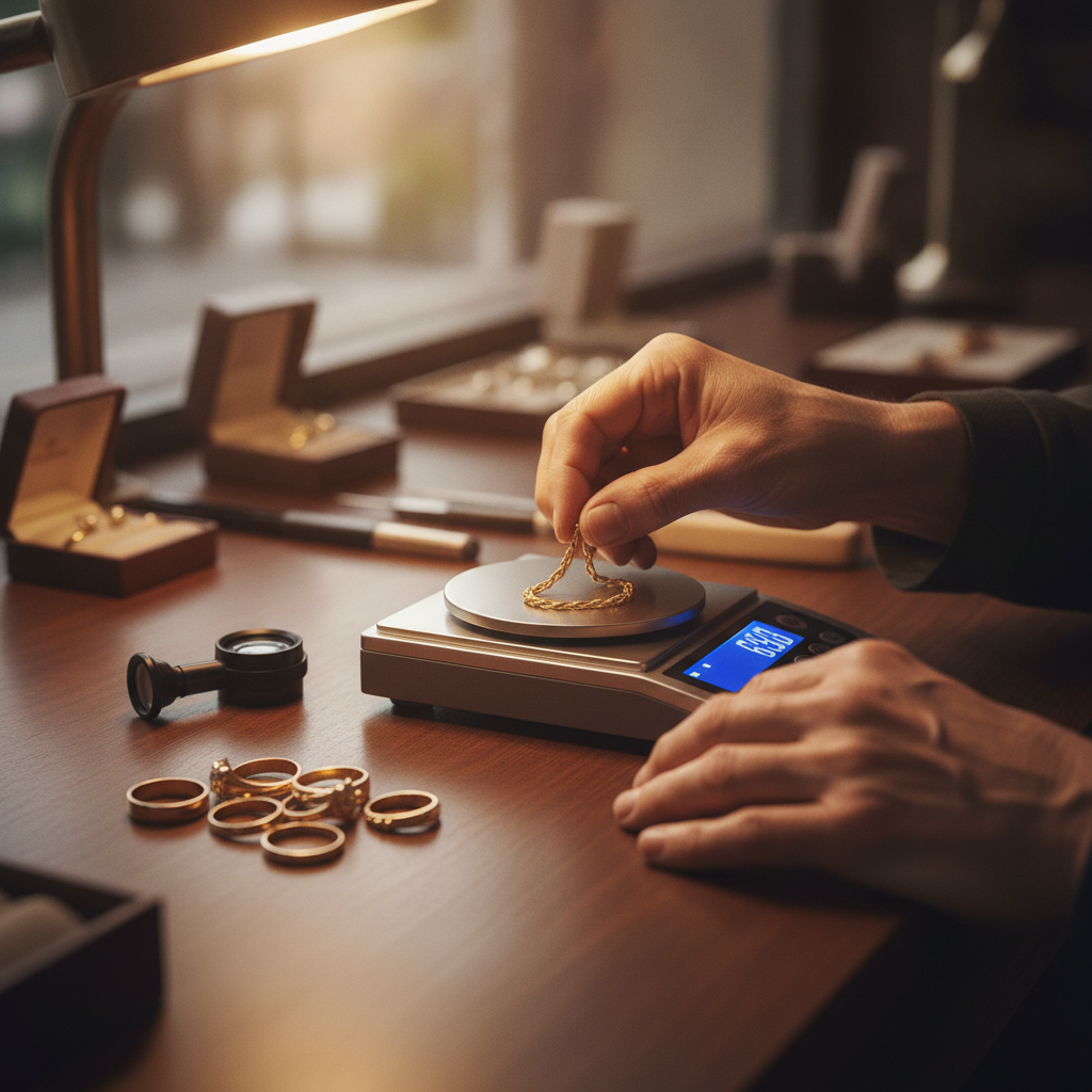 Goldschmuck wird beim Ankauf auf einer geeichten Feinwaage gewogen