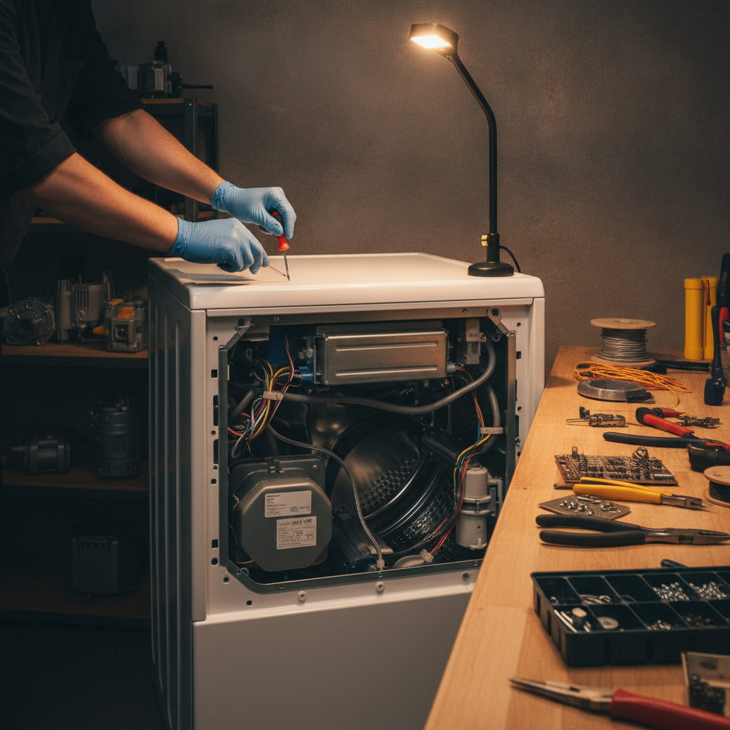 Kundendienst-Techniker repariert eine geöffnete Waschmaschine in der Werkstatt