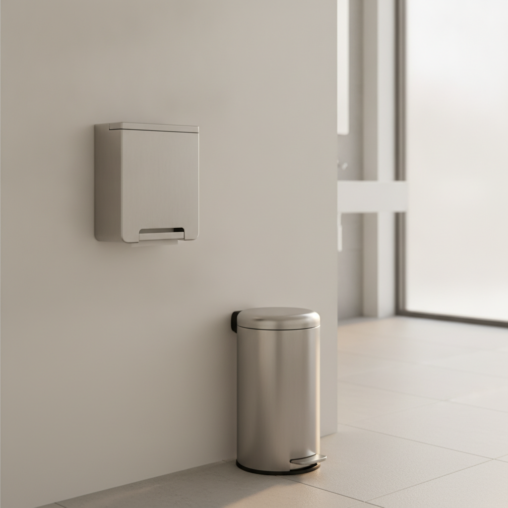 Hygienebeutelspender aus Edelstahl an der Kabinenwand einer Damentoilette im Betrieb