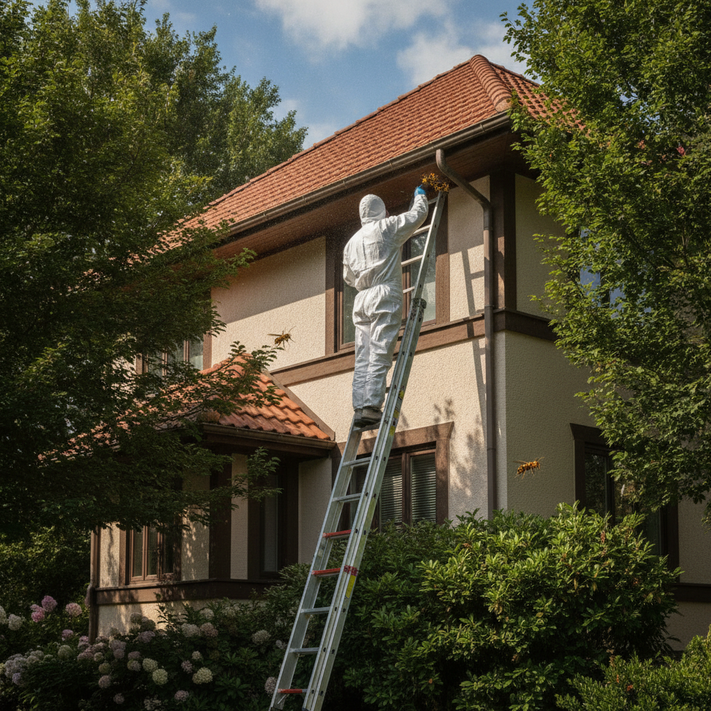 Schädlingsbekämpfer in Schutzkleidung inspiziert einen Dachüberstand am Wohnhaus