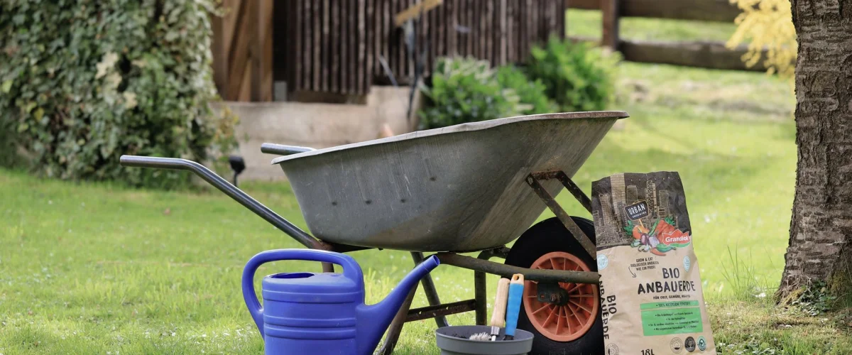 Rasenpflege Anleitung für einen dichten, grünen Rasen mit Vertikutierer und Dünger im Garten