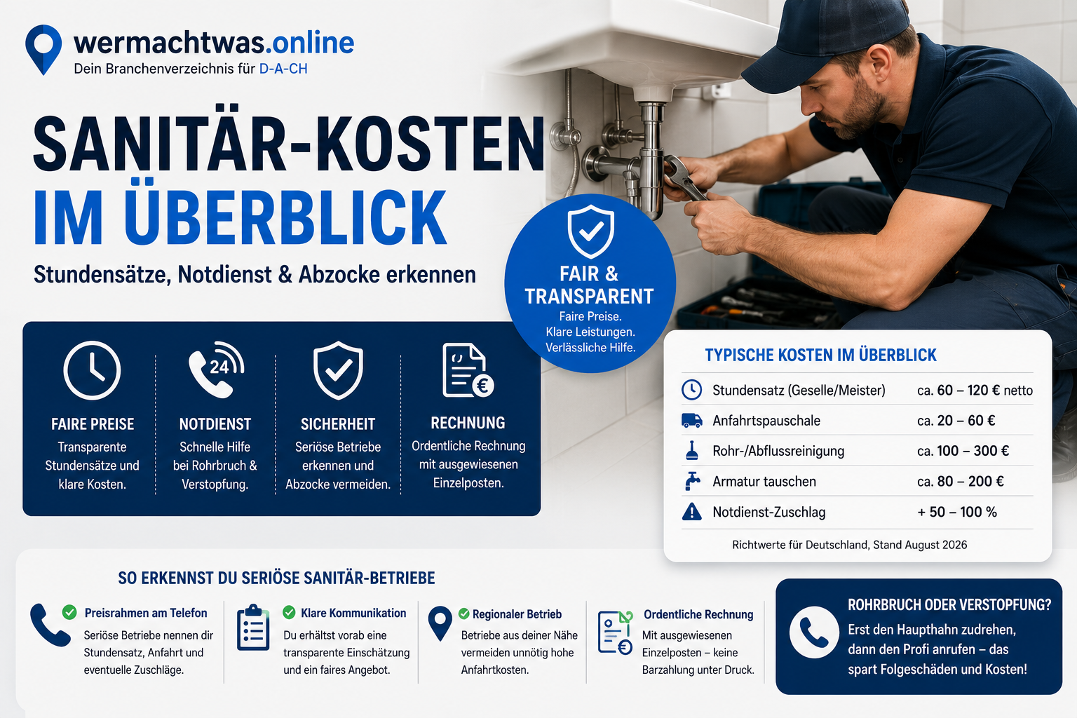 Sanitär-Kosten 2026 mit Installateur, Stundensätzen, Notdienst-Zuschlägen und typischen Kosten für Rohrreinigung