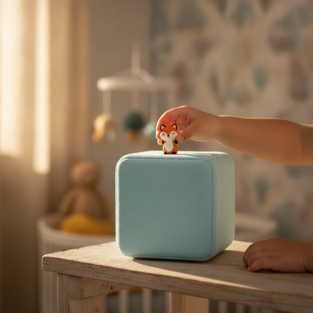 Kinderhände setzen eine Hörfigur auf eine würfelförmige Audiobox im Kinderzimmer