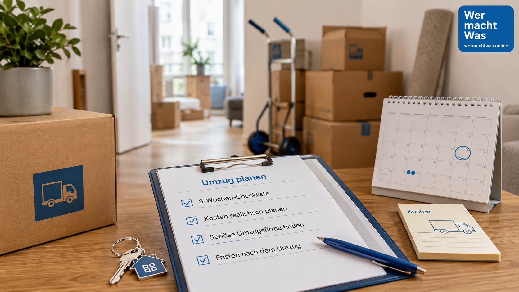 Umzug planen mit 8-Wochen-Checkliste, Umzugskartons, Kostenplanung und Kalender
