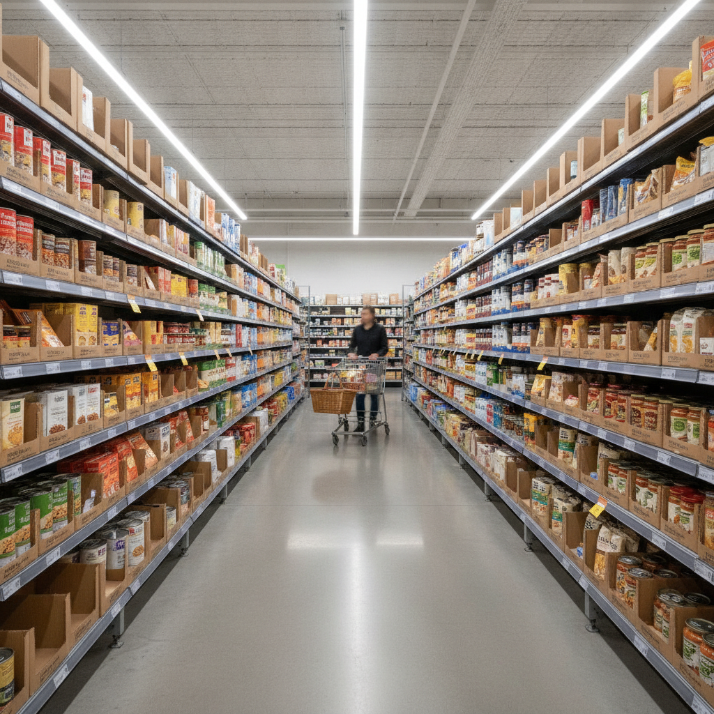 Regale mit Kartondisplays in einem Discounter – typisches Aldi-Prinzip der einfachen Warenpräsentation