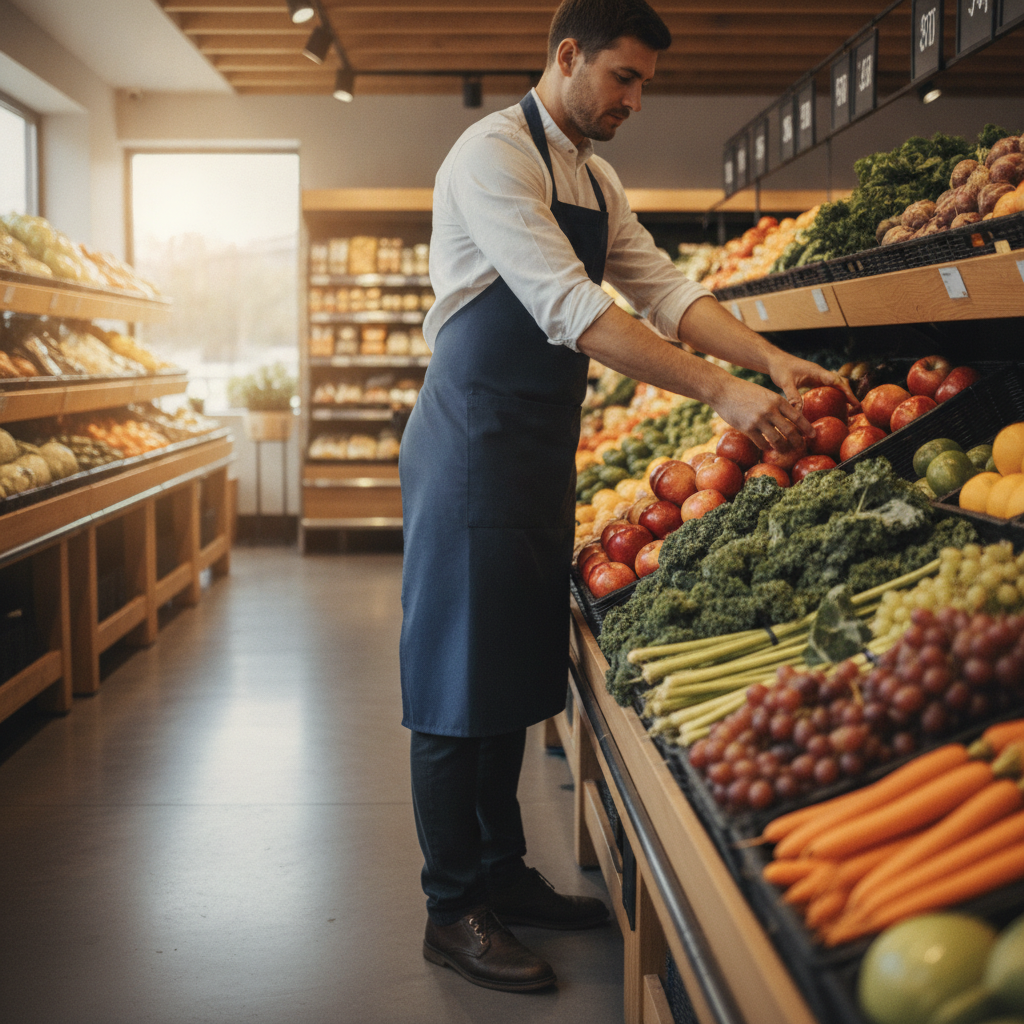 Kaufmann richtet die Obst- und Gemüseabteilung in einem modernen Supermarkt her