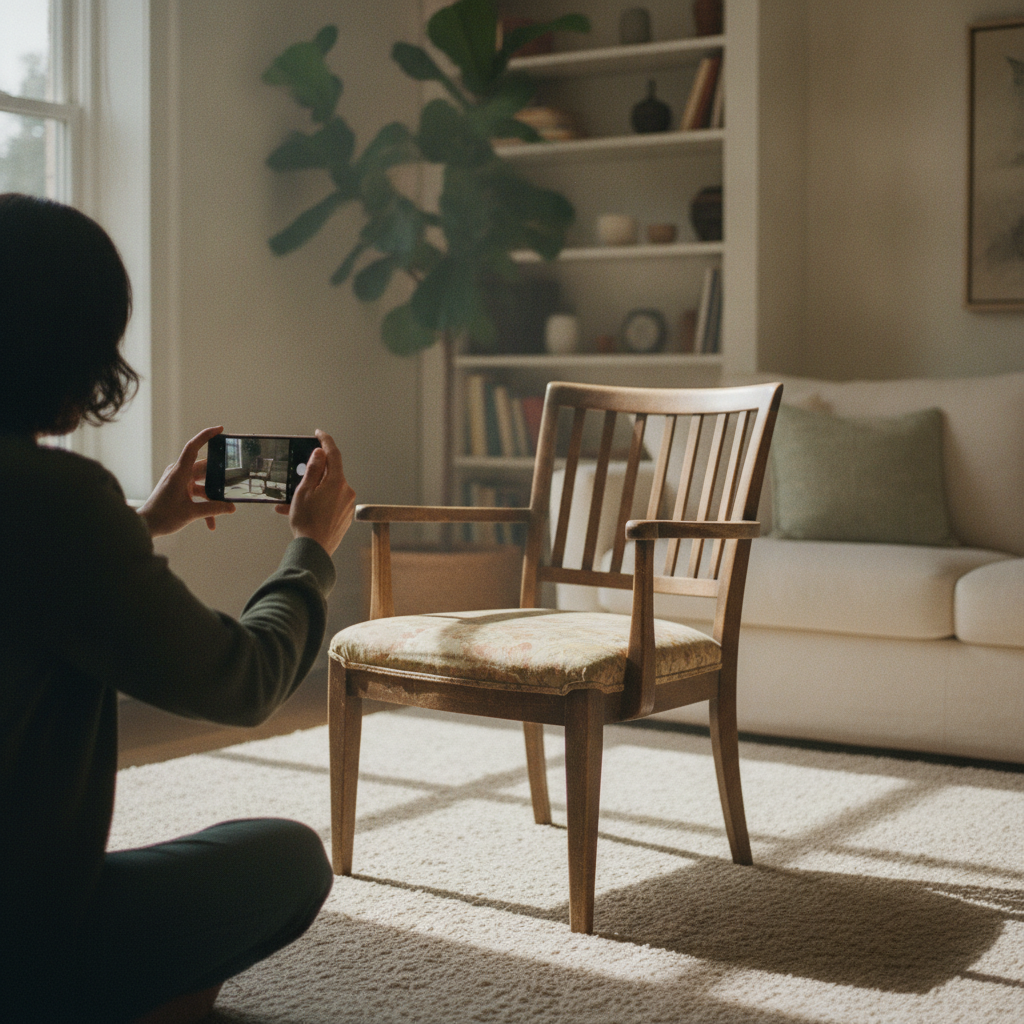 Person fotografiert einen Stuhl mit dem Smartphone für eine Online-Kleinanzeige