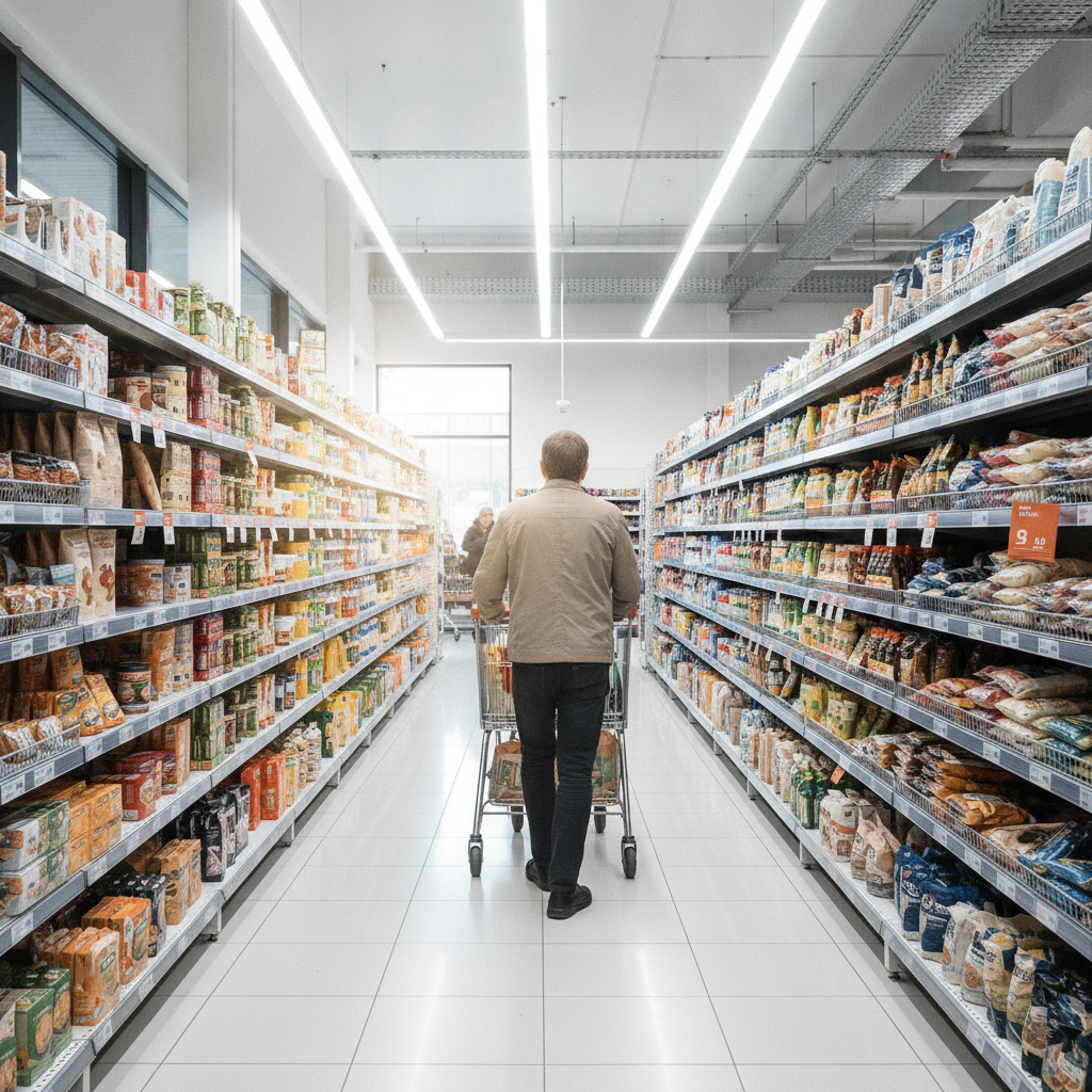 Einkaufswagen in einem Gang eines modernen Discounter-Supermarkts