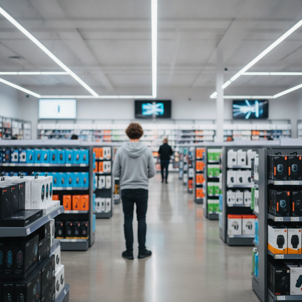 Kunde vor Regalen mit Unterhaltungselektronik in einem grossen Elektronikfachmarkt