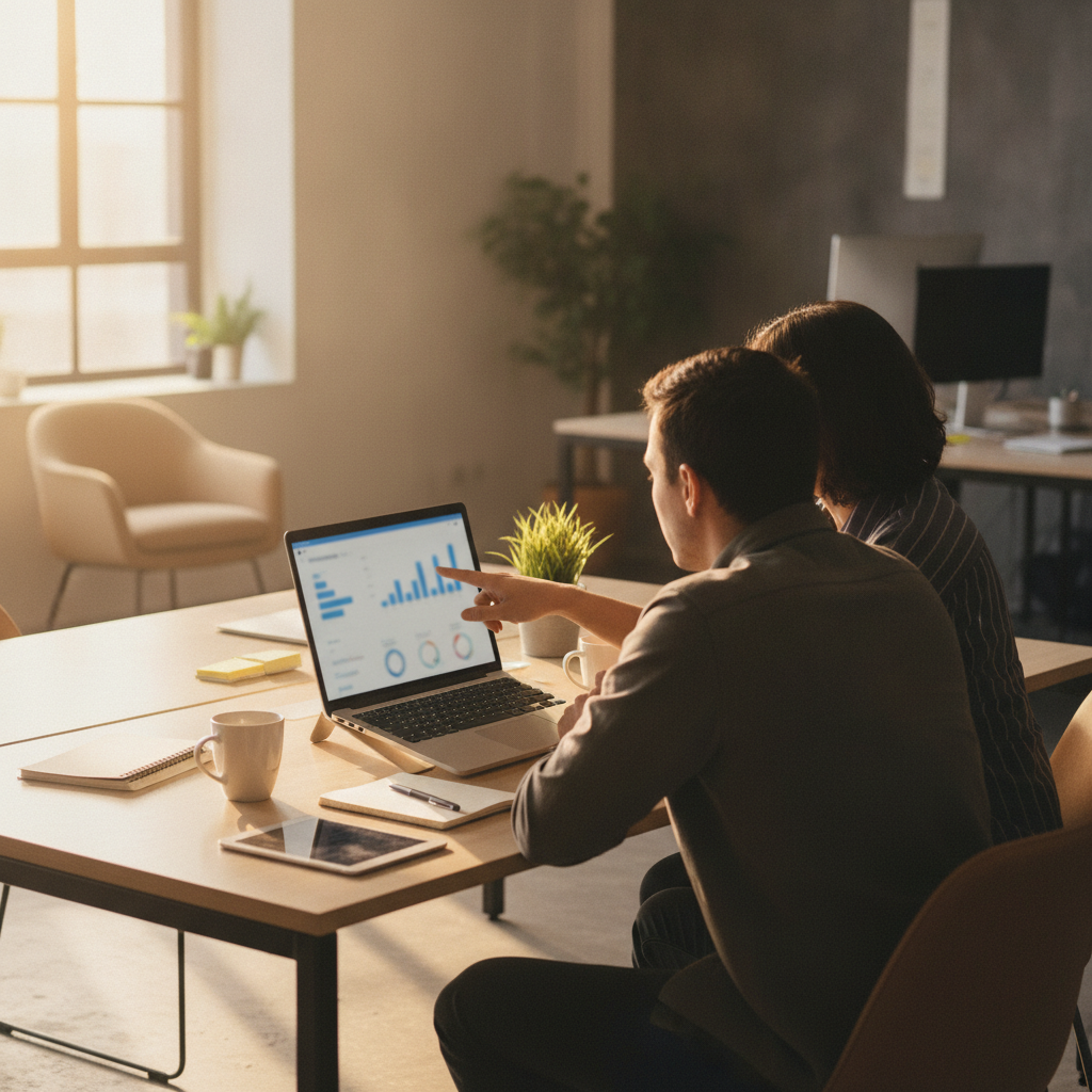 Zwei Beschäftigte werten am Laptop Bewertungen und Mitarbeiterfeedback im Büro aus