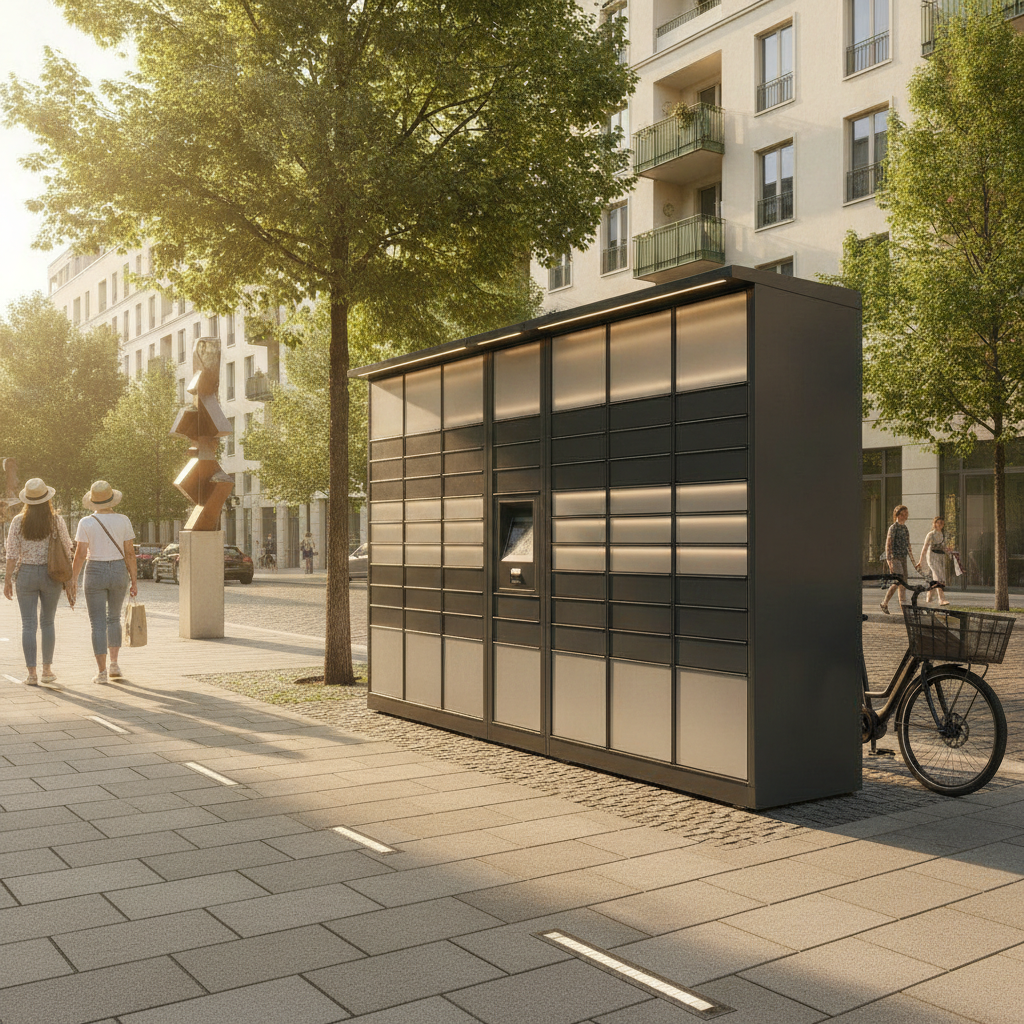 DHL Packstation Versicherung: gelbe Packstation im Straßenbild