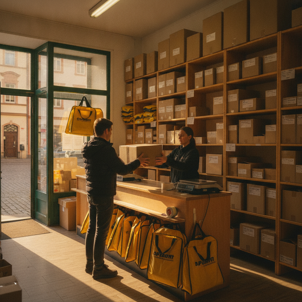 DHL Paketshop in der Nähe: Kundin gibt ein Paket am Tresen eines Paketshops ab