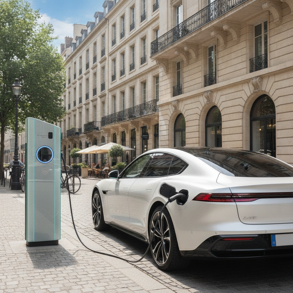 E-Auto-Neuzulassungen 2025 an einer Ladesäule in einer europäischen Stadt